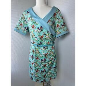 Lindy Bop Georgina Blue Blossoms Bird Pin Up Printed Stealth mini Dress Size 18